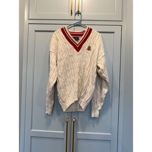 Vintage Nutmeg Mills Cream V-Neck Cable Knit Sweater Medium USA academia Co-ed